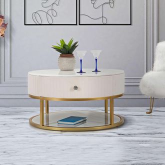 Dmora Mesa De Centro Dalasida, Un Caj&oacute;n, Tapizado De Tela Acolchada, Un Compartimento, 75x75x36h Cm Blanco Crema
