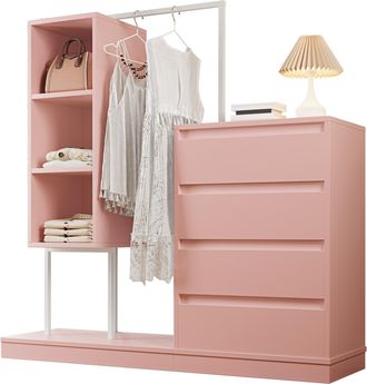 STILVORA Armario Con 4 Cajones, 3 Estantes Abiertos Y 1 Barra Para Colgar, Para Dormitorio O Recibidor, Aglomerado, Rosa