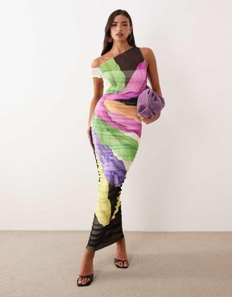 AFRM Biona - Vestito midi monospalla asimmetrico arricciato con stampa vivace di piume-Multi