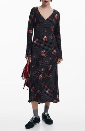 Desigual Mixed Print Long Sleeve Midi Dress in Gray at Nordstrom Rack, Size Large