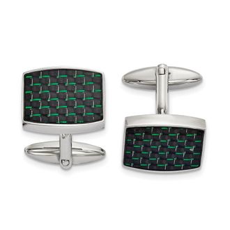 Diamond2Deal Stainless Steel Polished Black and Green Carbon Fiber Inlay Cufflinks