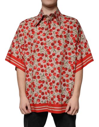 Dolce & Gabbana Beige Cherry Button Down Men Casual Mens Shirt