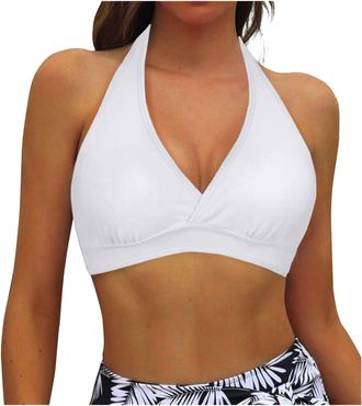 Generic Women Bikini Top Swimming Costom Women Sexy Halter V Neck Lace Up Swim Top Swim Bra Swimwear Tops Plain Underwire Full Coverage BikiniPush UpCropTie B