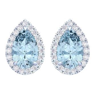 Diamond2Deal 14k White Gold Vivid Blue Pear Cut 4.7 Ct Lab-Grown Diamond Halo Stud Earrings