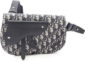 Dior Beige Navy Canvas Leather Messenger Bag Saddle Bag Shoulder Bag (Pre-Owned)