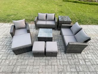 Fimous 8 Seater Outdoor Rattan Garden Furniture Set Conservatory Patio Sofa Coffee Table Set with Chair Side Table 3 Footstools in Dark Grey