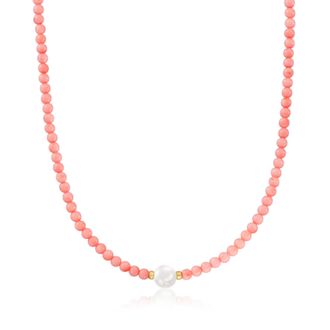 Ross-Simons 8.5-9mm Cultured Pearl and 4mm Pink Coral Bead Necklace With 18kt Gold Over Sterling