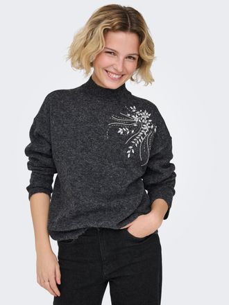 Only Strickpullover ONLY ONLRIVA LS HIGH NECK EMB PULLOVER EX KNT, Damen, Gr. XL, dunkelgrau melange detail:stone embellishment, Strick, Obermaterial: 100%