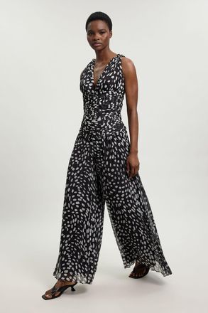 Karen Millen Womens Petite Polka Dot Crinkle Cross Back Georgette Woven Jumpsuit - Monochrome Multi - Size 14 UK