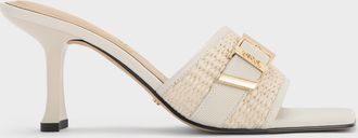 Charles & Keith Whitney Leather & Raffia Buckled Heeled Mules
