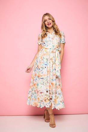 Izabel London Womens Orange Floral Lace Tie Waist Midi Shirt Dress - Size 10 UK