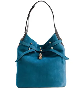 Borbonese Medium Teal Suede Bucket Bag with Adjustable Strap