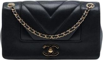 Chanel Pre-owned Chevron Sheepskin Crossbody Bag - Dames - Vintage Schoudertas - Zwart - ONE Size - Leer - Vintage