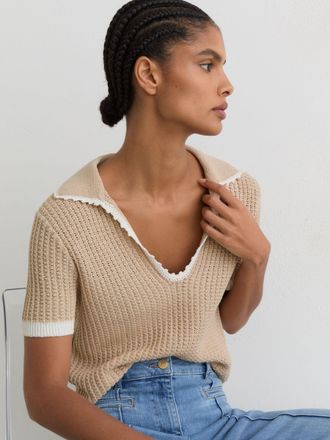 Reiss Neutral & white Cotton-linen Textured-knit Top, XS