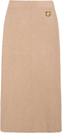 Maison Kitsuné Midi Skirts, female, Beige, S, Knitted Ribbed Skirt with Fox Motif