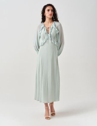 Ghost London Naomi Long Sleeve Frill Midi Dress in Mint Green at Nordstrom, Size 12