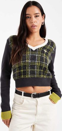 Fred Perry Maglione a quadri scozzesi color grigio scuro con scollo a V