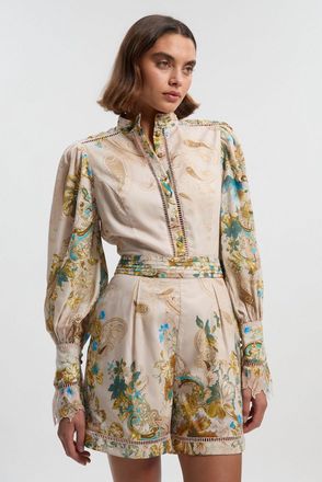 Karen Millen Womens Voile Floral Border Print Woven Playsuit With Ladder Lace Trim - White - Size 12 UK