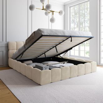 IDMarket Cama De Matrimonio Nuage Con Cabecero Acolchado Y Somier De Terciopelo Beige De 180 X 200 Cm
