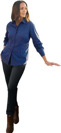 Jessica London Stretch Cotton Poplin Button Down Shirt in Sapphire Black Feeder Stripe at Nordstrom, Size 16