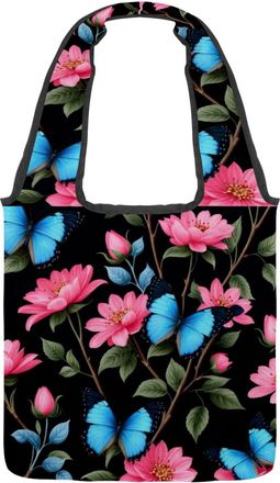Generic Butterflies Floral Reversible Canvas Shoulder Tote - Double-Sided Print, 12oz Cotton, 27cm Drop, Fold-Flat Bag for Travel, Shopping, Street Outings