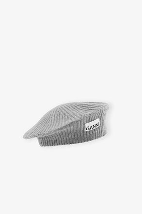Ganni Grey Wool Rib Knit Beret