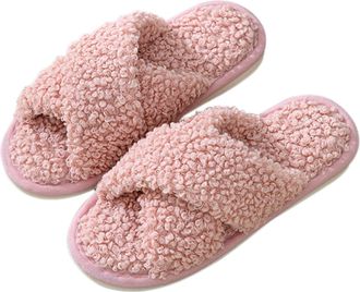 Generic Womens Cross Band Slippers - Fluffy Fleece House Shoes for Women, Soft Memory Foam Indoor Footwear, Open Toe Non Slip Design, Highlighting Plush Textu
