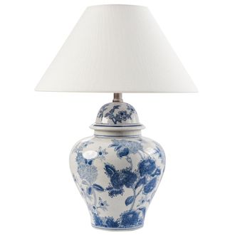 Beliani L&aacute;mpara De Mesa Elegante Con Base De Porcelana Con Dise&ntilde;o Floral Pantalla De Campana De Lino Iluminaci&oacute;n Blanco Y Azul Sorraia