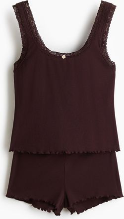 H&M Gerippter Pyjama mit Spitzenborte - Brown