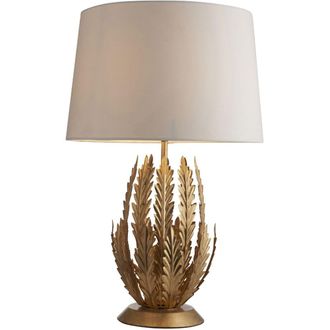 Loops Ornate Gold Table Lamp Light & Ivory Cotton Fabric Shade Decorative Leaf Design