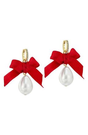 Ted Baker Riyya Ribbon Bow Faux Pearl Drop Earrings in Gold Tone/Pearl /Ruby at Nordstrom