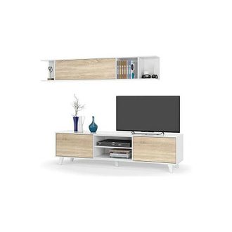 HOGAR 24 Hogar24 - M&oacute;dulo Tv + Estante Para Colgar, Color Blanco Brillo Y Roble Canadian