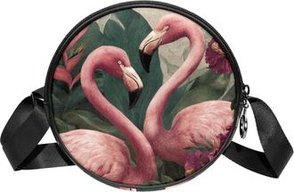 Generic Circle Crossbody Bag for Women, Tropical Jungle Flamingos Small Sling Bag Daypack with Zipper Adjustable Shoulder Straps Casual Ladies Girls Round Pur