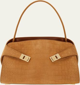 Ferragamo Hug Croc-Embossed Suede Shoulder Bag