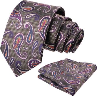 Alizeal Mens Paisley Jacquard Necktie and Hanky Set for Party Wedding Retro Tie and Pocket Square Set, Olive+Purple