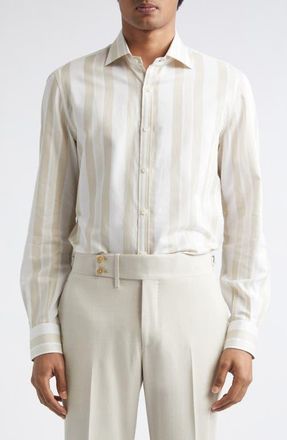 Isaia Stripe Cotton & Silk Button-Up Shirt in White Beige at Nordstrom, Size 40