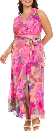 London Times Floral Chiffon Halter Maxi Dress In Pink Peach