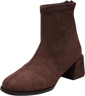 Generic Brown Female Boots for Winter Suede Upper Mid-Heel Height Back Zipper Closure Chunky Heel for Daily Activities