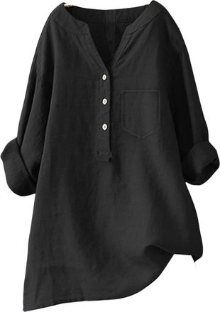 Generic Linen Gauze Shirts for Women 2025 Summer Fashion 3/4 Sleeve Plus Size Dressy Casual Loose Work Blouses Boho Loose Tops (Black,3XL)
