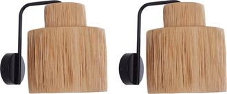 Beliani Conjunto De 2 L&aacute;mparas De Pared Rafia Hoja De Palma Base De Metal Hecho A Mano Estilo Boho Natural Shinfa