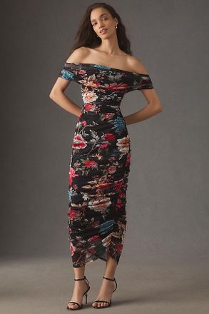 BHLDN Off-Shoulder Gathered Stretch Mesh Slim Midi Dress