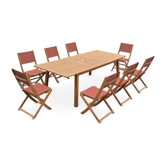 Sweeek Mesa de jard&iacute;n de madera extensible, 8 sillas, madera