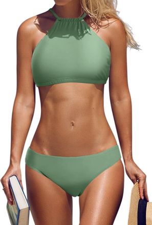 Charmleaks Women Two Piece Bikini Swimtuis Halter Neck Bikini Set Mid Waist Bikini Swimwear Green XL