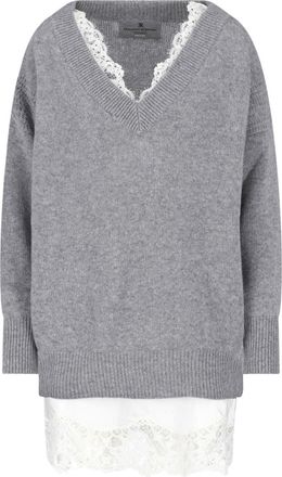 Ermanno Scervino Grey V-Neck Lace Cashmere Mini Dress
