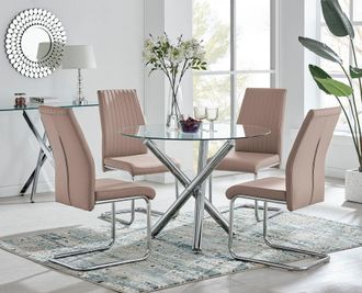 Furniturebox Selina Round Glass & Chrome Metal Dining Table & Lorenzo Chairs Set in Beige | Size: 2 Person