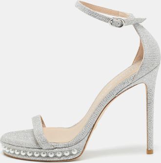 Stuart Weitzman Silver Glitter Nudist Ankle Strap Sandals