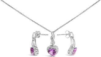 House of Brilliance 925 Sterling Silver Heart Shape Purple Amethyst and White Sapphire Halo Earring Necklace Set