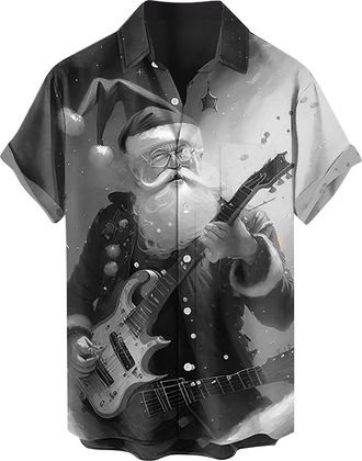 Generic Christmas Shirts for Men Funny Xmas Graphic Lapel Shirt Casual Short Sleeve Button Down Tops Summer Hawaiian Funky Dress Shirts Quirky Fun Loose Fit T