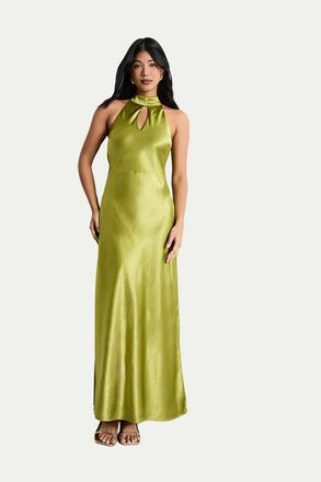 Warehouse Satin Tie Neck Cowl Maxi Dress in Olive at Nordstrom, Size 12