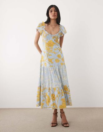 Hope & Ivy Vestito midi con bustino arricciato e allacciatura sul retro blu e giallo a fiori